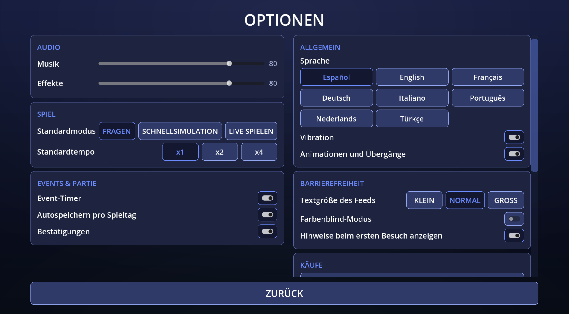 Optionsbildschirm des Spiels