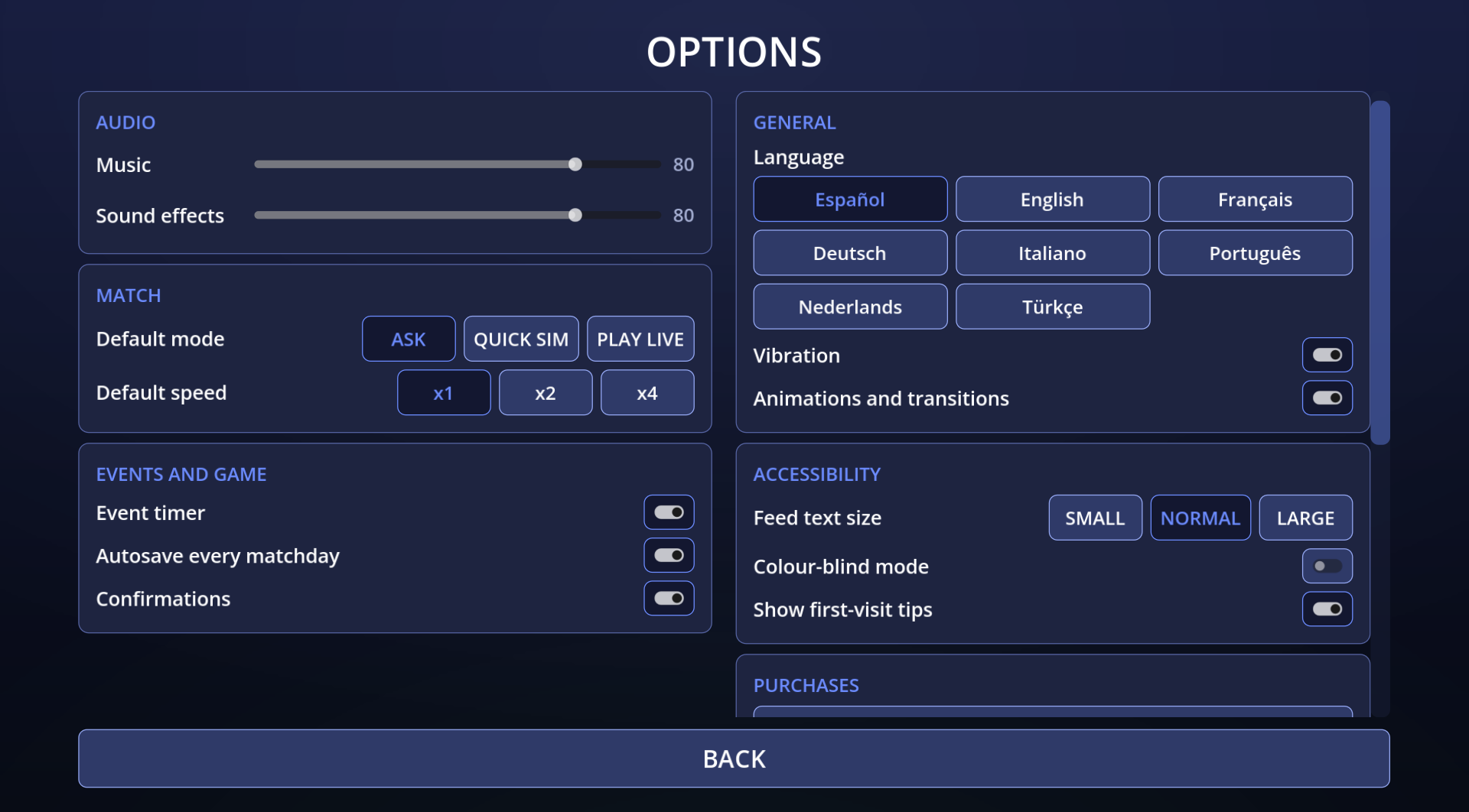 The game's options screen