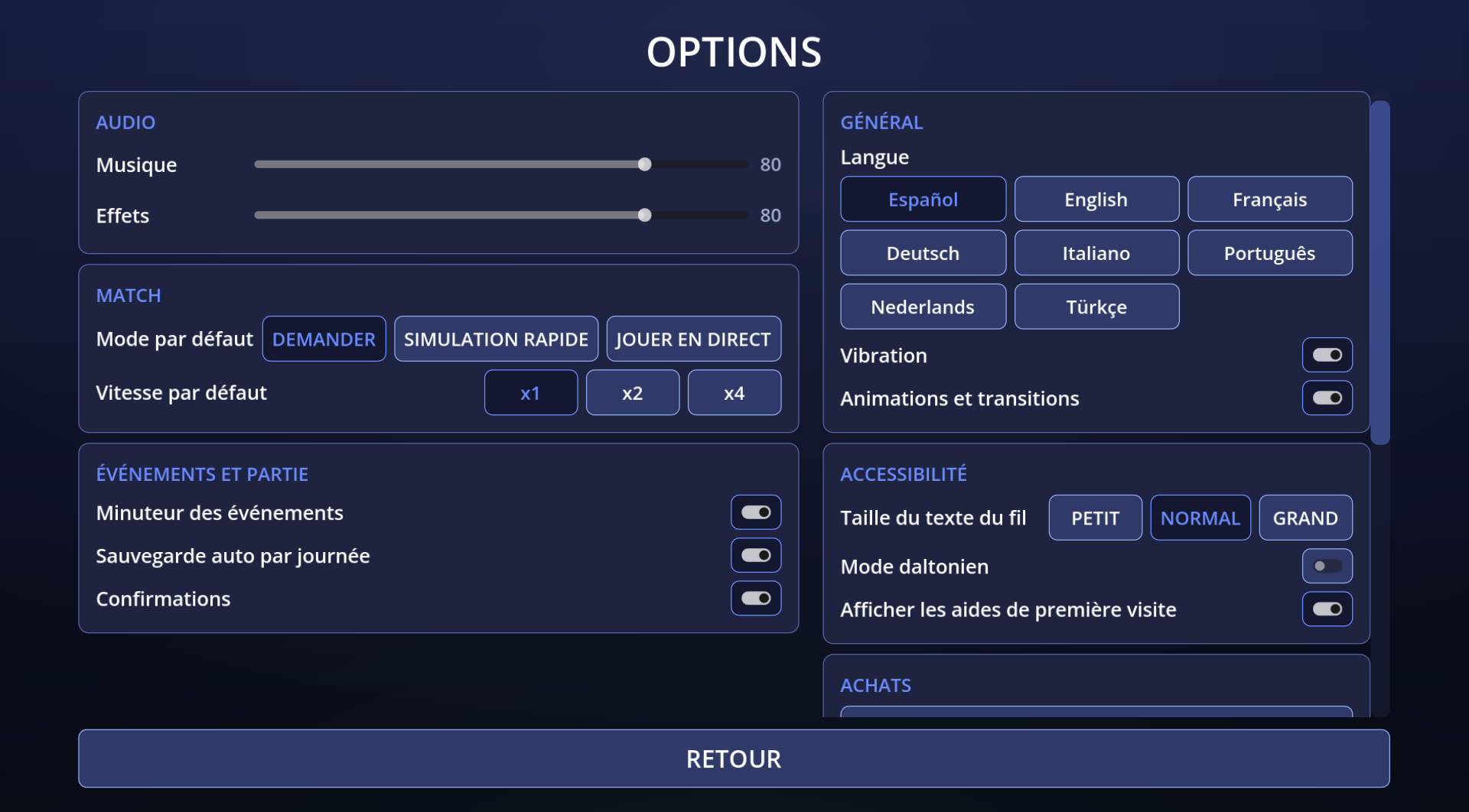 Écran des options du jeu
