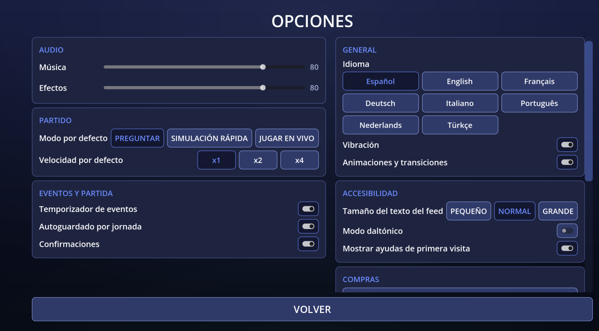 Pantalla de opciones del juego