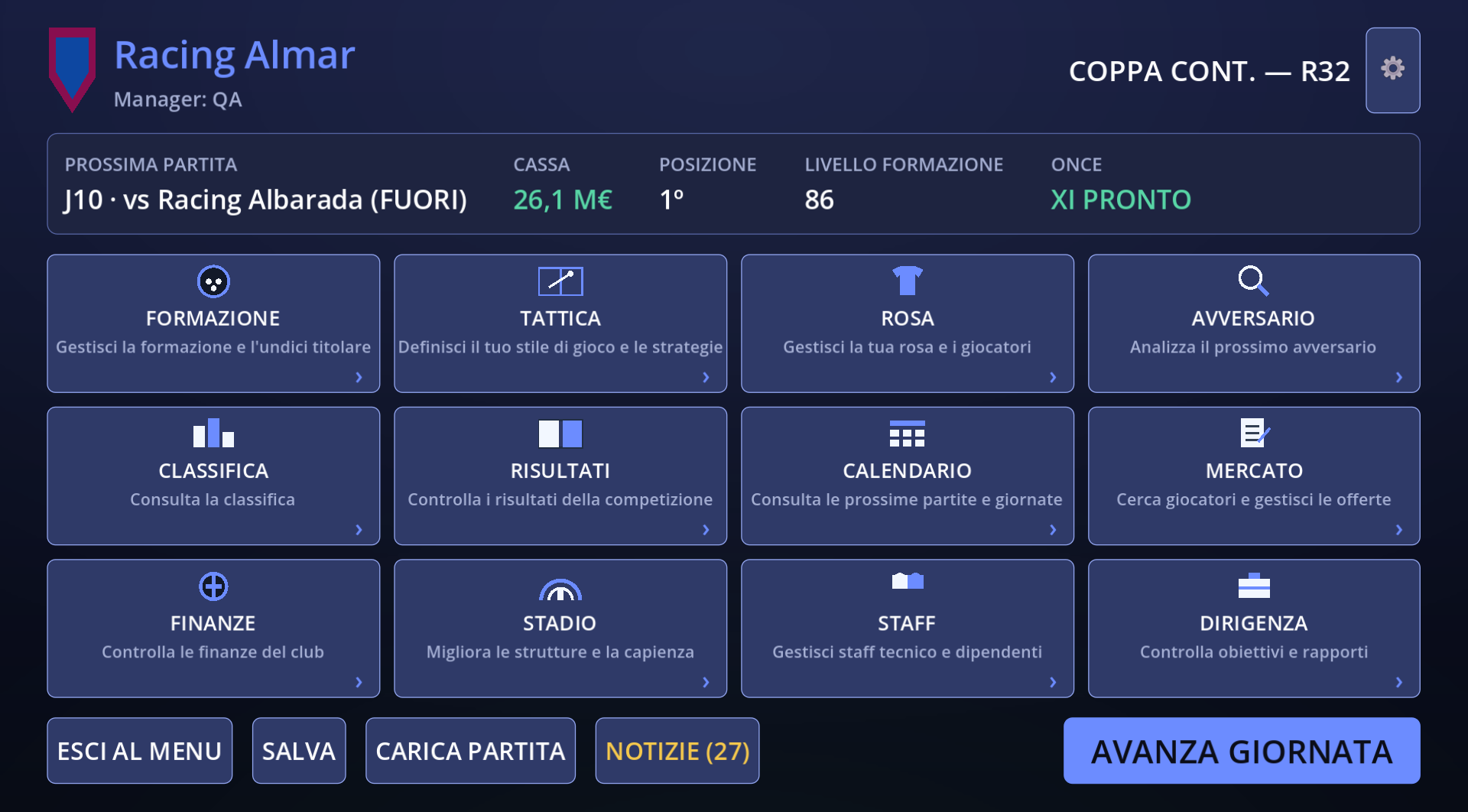 Dashboard del club