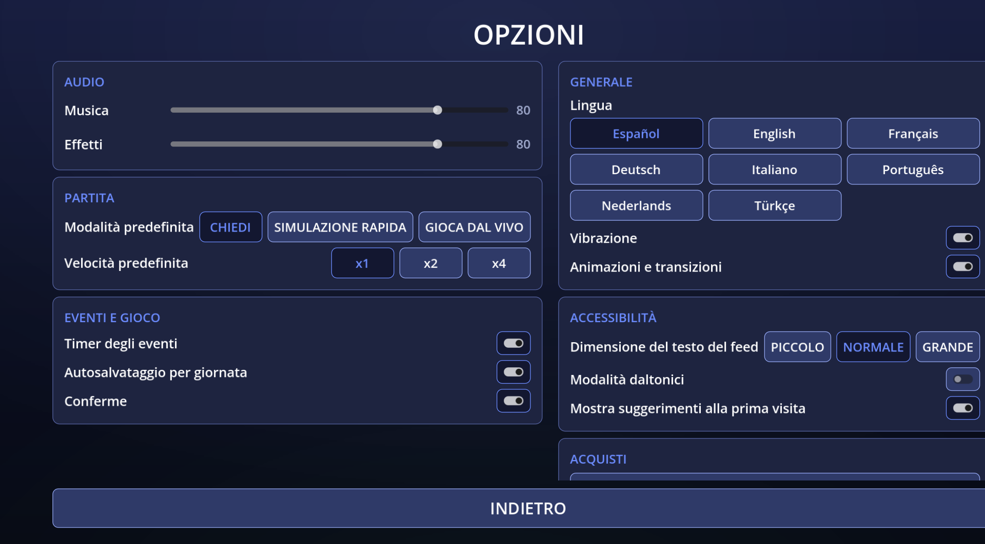 Schermata delle opzioni del gioco