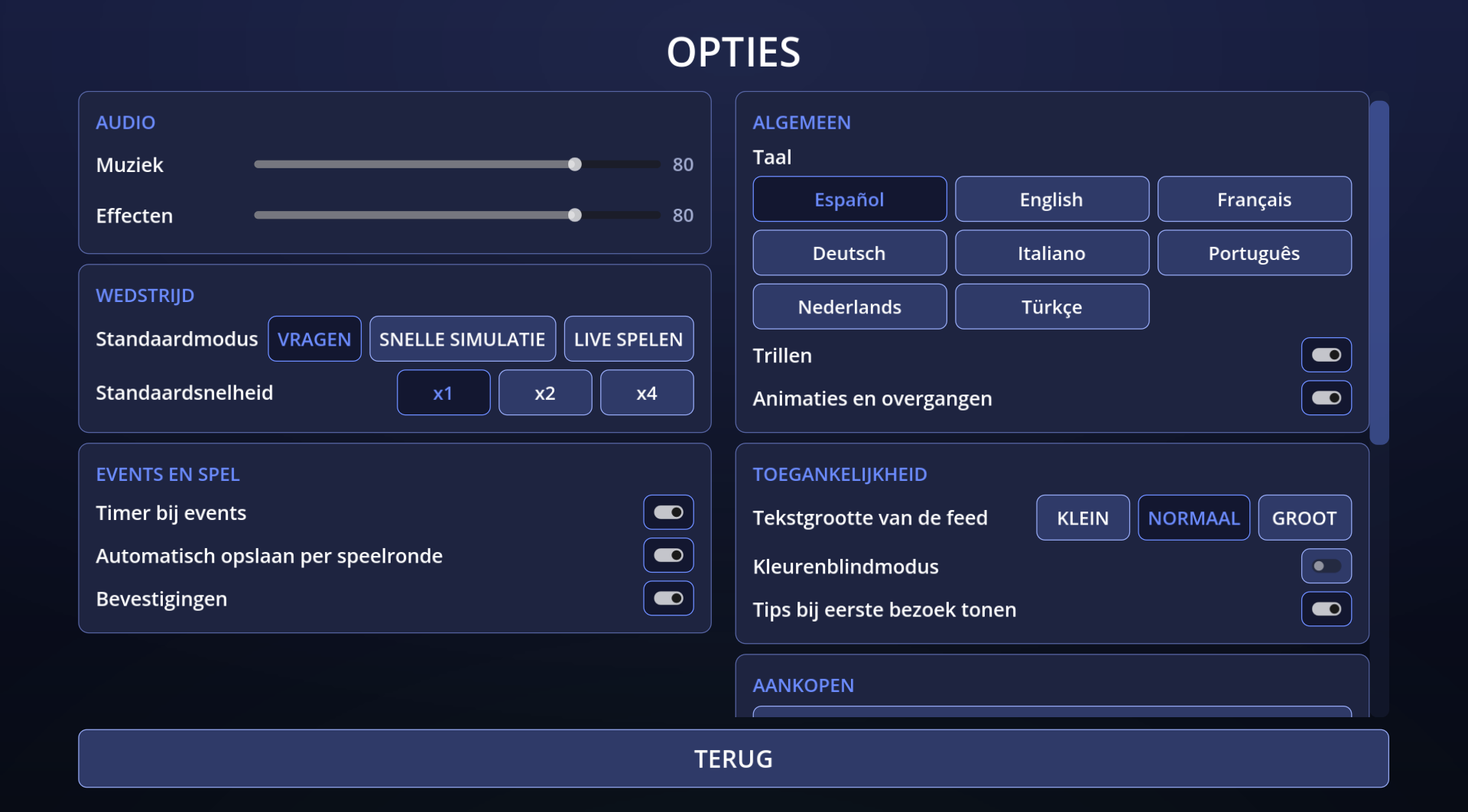 Optiescherm van het spel