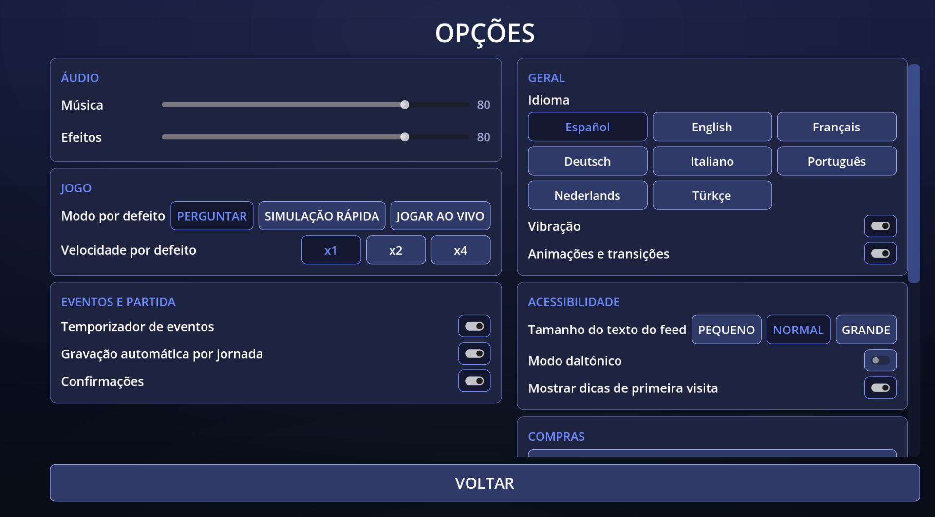 Ecrã de opções do jogo
