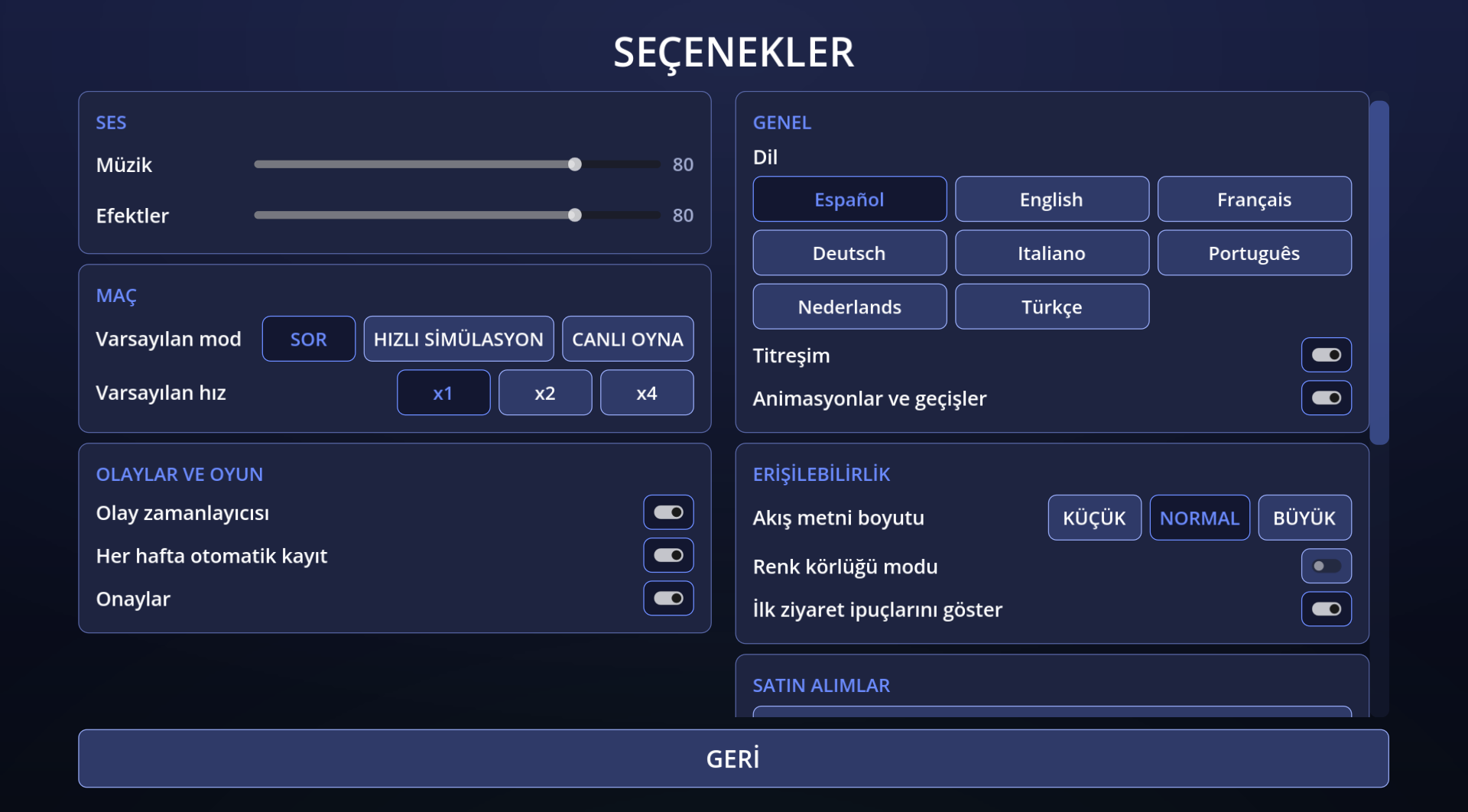 Oyunun seçenekler ekranı